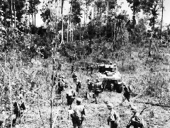 soldaten met Sherman-tank op Biak 