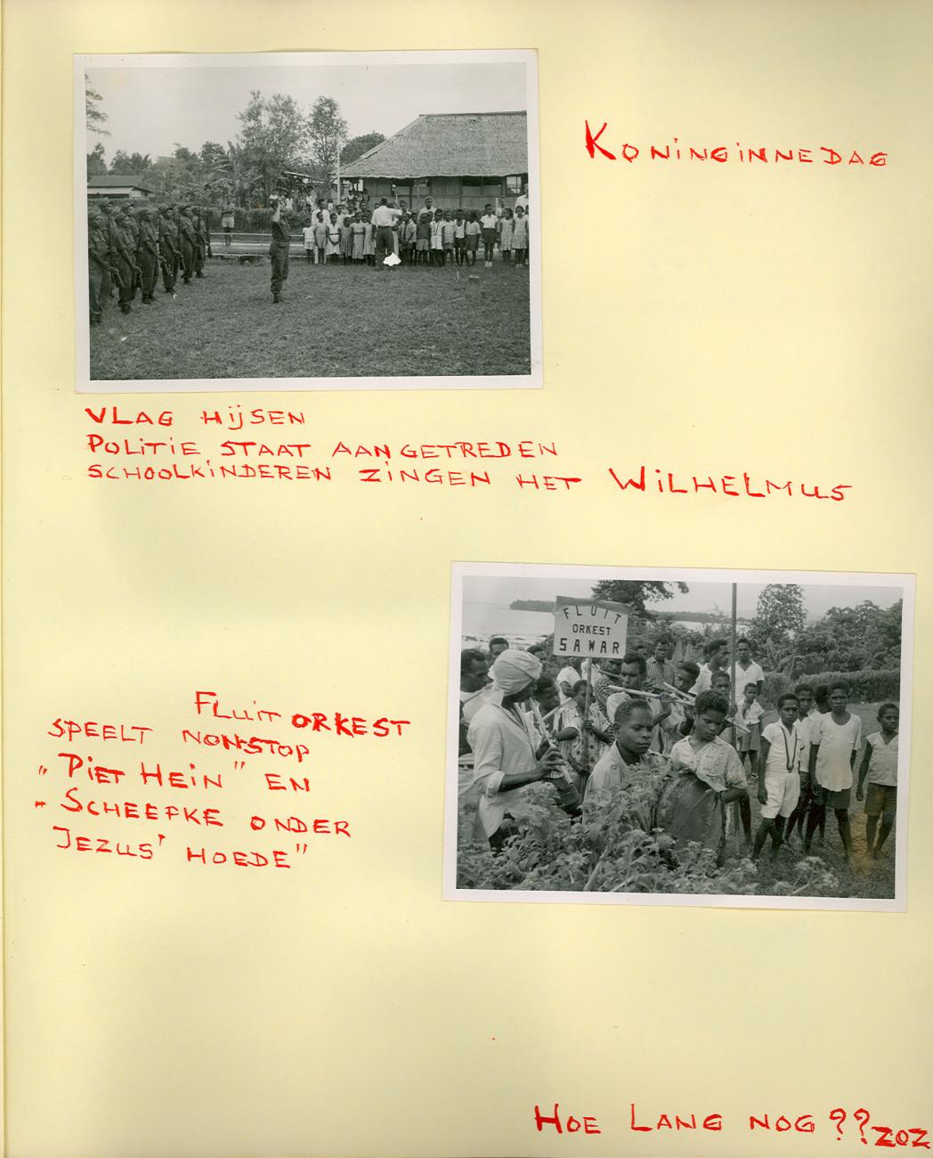 BD/83/25 -
Koninginnedagviering in Sarmi, met politiesaluut, schoolkoortje en fluitorkest Sawar