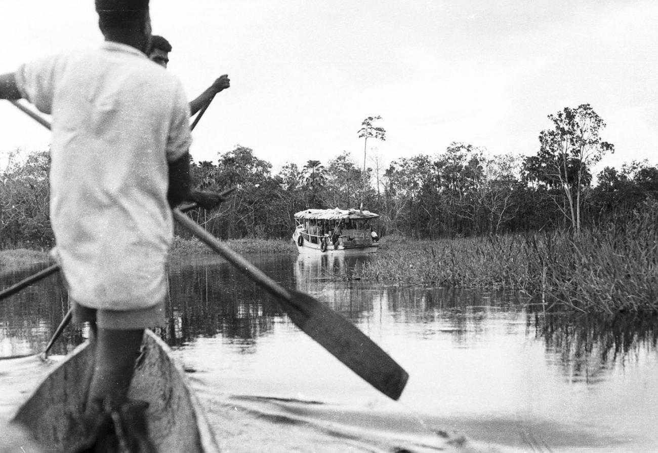 BD/133/320 - 
Tocht Merauke-Kepi-Cook: Varend over het water door het riet
