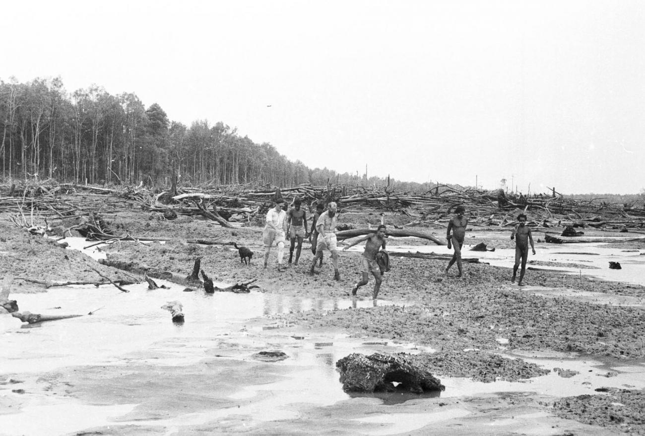 BD/133/325 - 
Tocht Merauke-Kepi-Cook: Op de oever met aangespoeld hout
