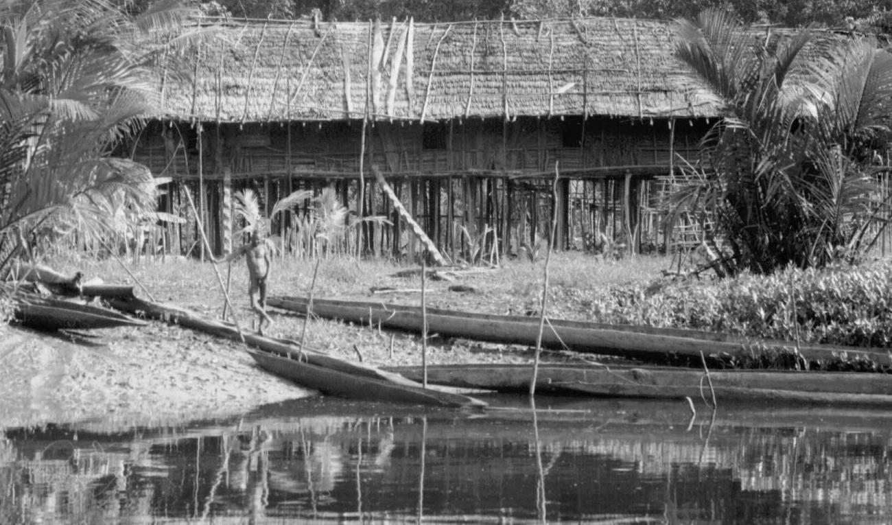 BD/133/46 -
Tocht Merauke-Kapi: Prauwen aan de oever van de rivier