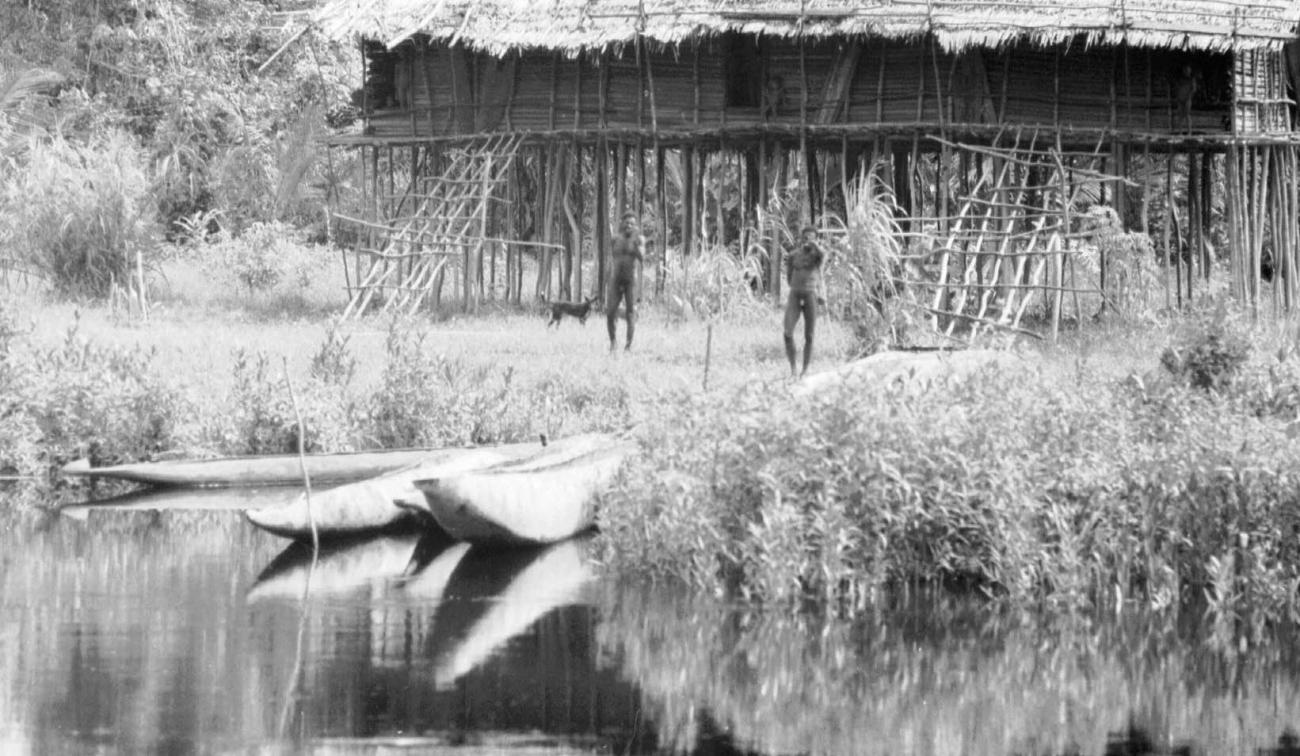 BD/133/47 -
Tocht Merauke-Kapi: Prauwen aan de oever van de rivier