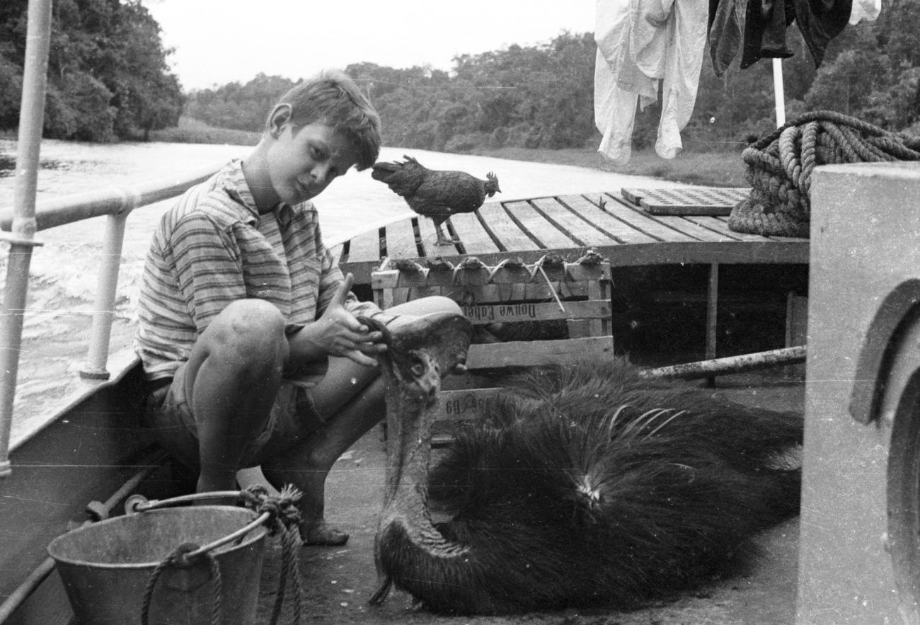 BD/133/885 - 
Westerse jongen poseert met dode casuaris aan boord van een boot
