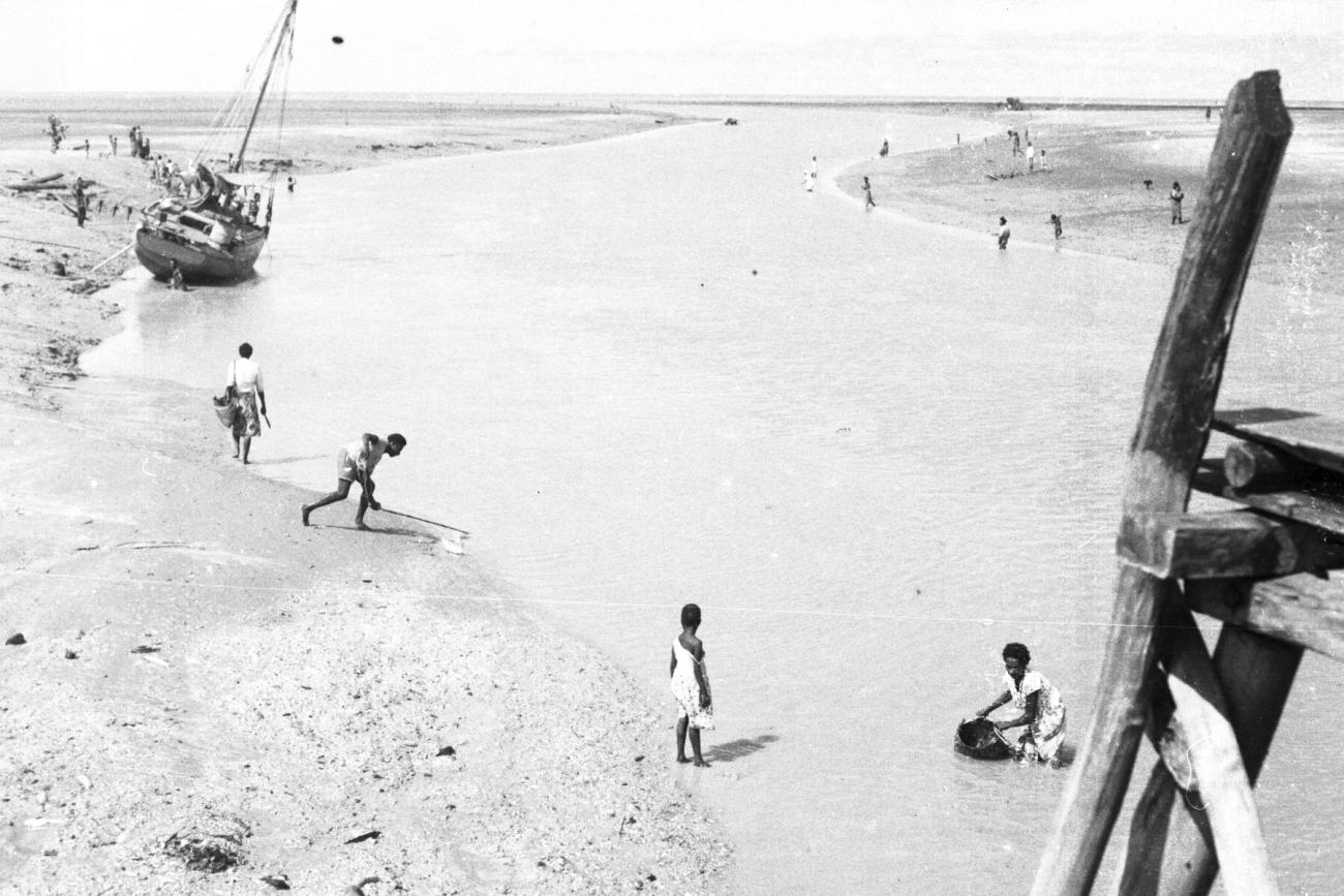 BD/133/945 - 
Getijdelandschap met drooggevallen zeilschip en langs de oevers vissende Papoea&#039;s 
