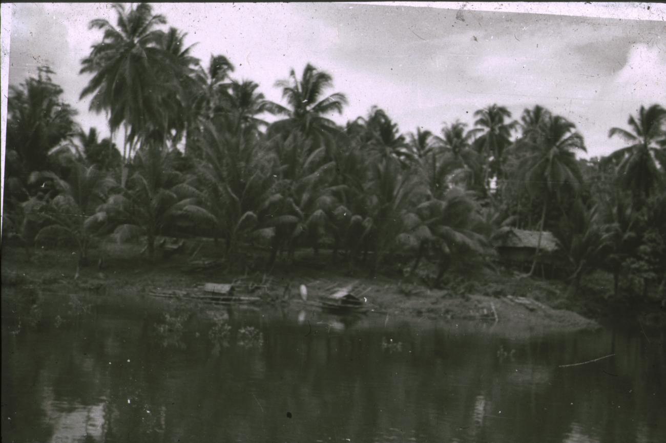 BD/309/321 -
Landschap van paalwoning en prauwen aan de rivier