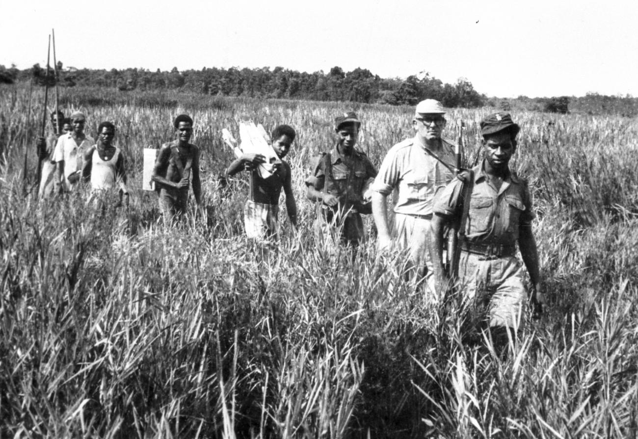 BD/66/405 -
Anthony van Kampen op weg door het hoge gras in het Asmatgebied