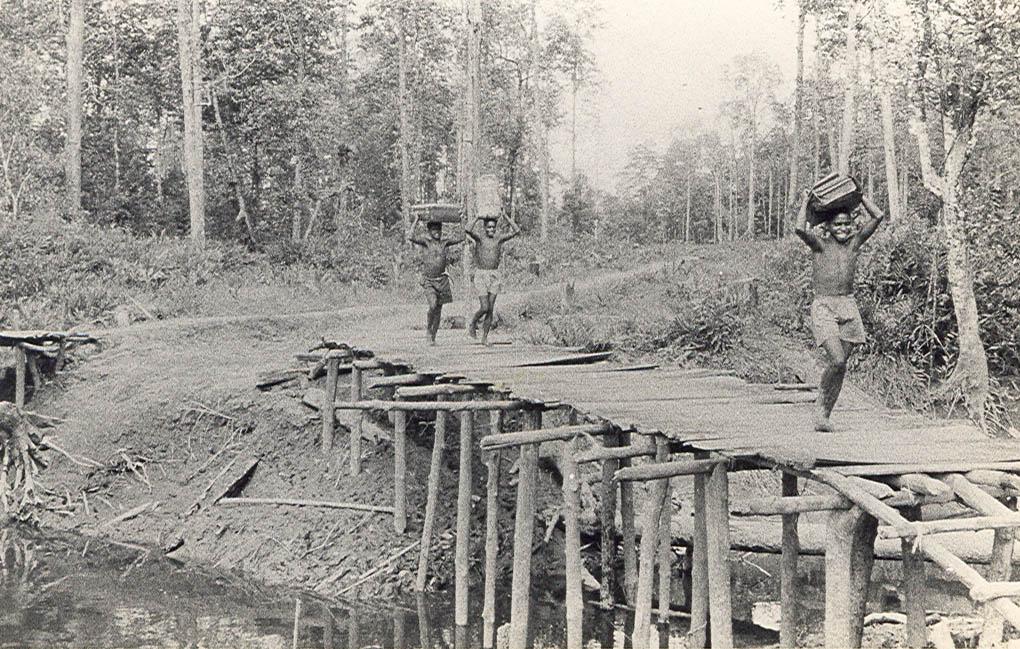 BD/269/1135 - 
Papoea&#039;s dragen de bagage van Franciscaans broeder Henk Blom over een brug naar de pastorie in Agats
