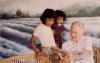 BD/309/91 Dorp Bogor, westerse vrouw met twee meisjes. Niet publiceren, niet in Nieuw Guinea